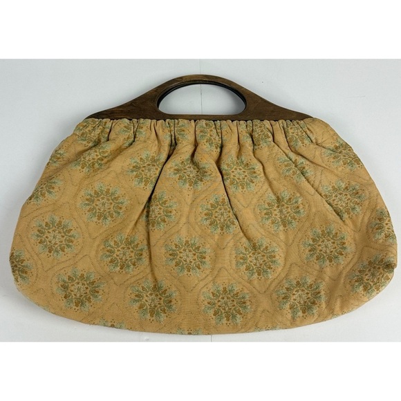 Vintage Wood Handle Fabric Tapestry Purse Handbag Retro Cottagecore Prairie - Picture 2 of 7